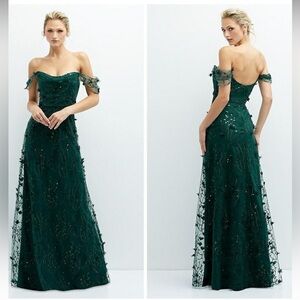 Dessy Collection Off-Shoulder A-Line 3D Floral Embroidered Evergreen Maxi Dress